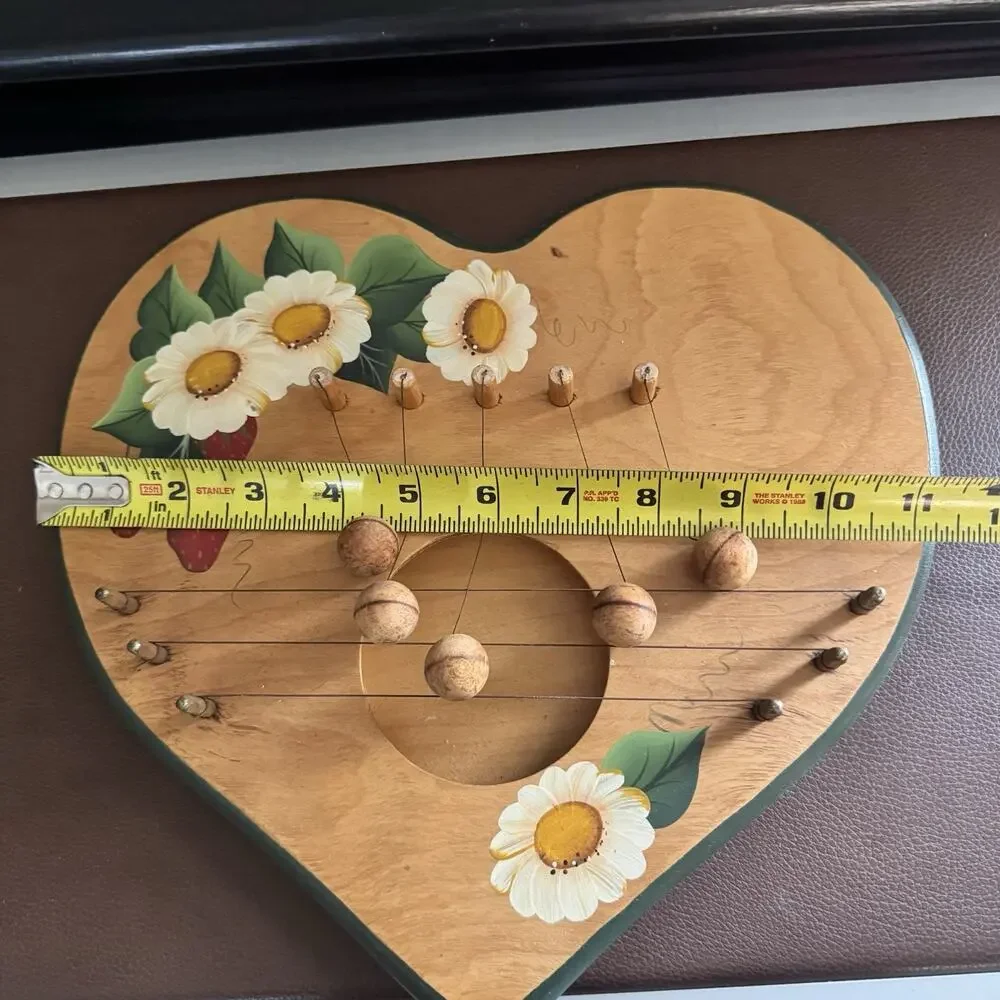 Floral Strawberries Heart Shaped Hand Painted Door Harp Chime Vintage Wood